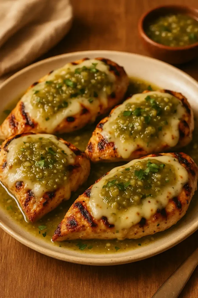 Grilled Salsa Verde Pepper Jack Chicken plated, warm and inviting, melted cheese and bright green salsa verde