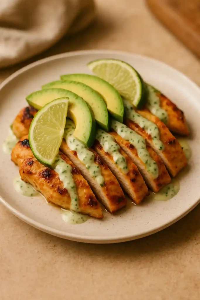 Fiesta Lime Chicken with Avocado plated with lime wedges and creamy sauce, a bright and simple weeknight meal