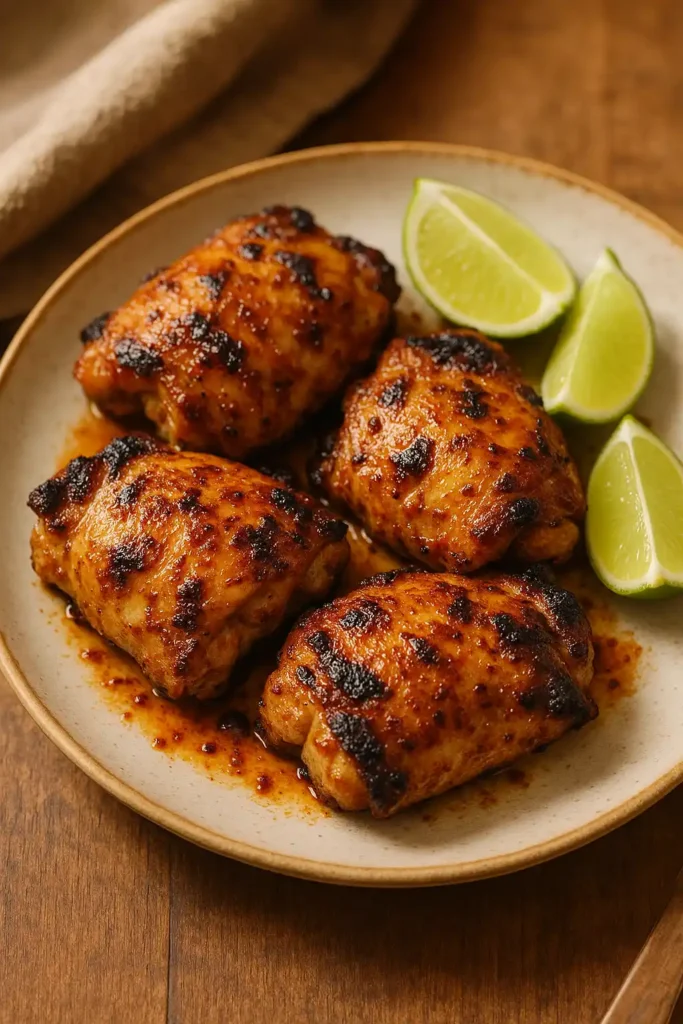 Close up of Chili Lime Chicken with charred edges, lime wedges, and cilantro in warm kitchen light