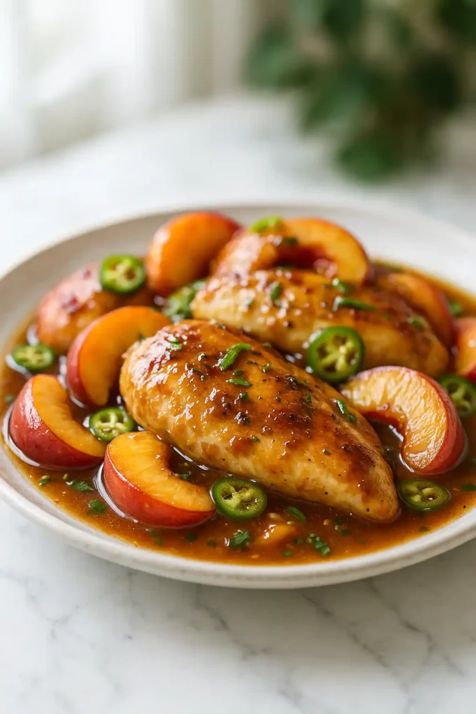 Jalapeno Peach Chicken plated with glossy peach-jalapeno glaze and cilantro, vibrant sweet and spicy flavors