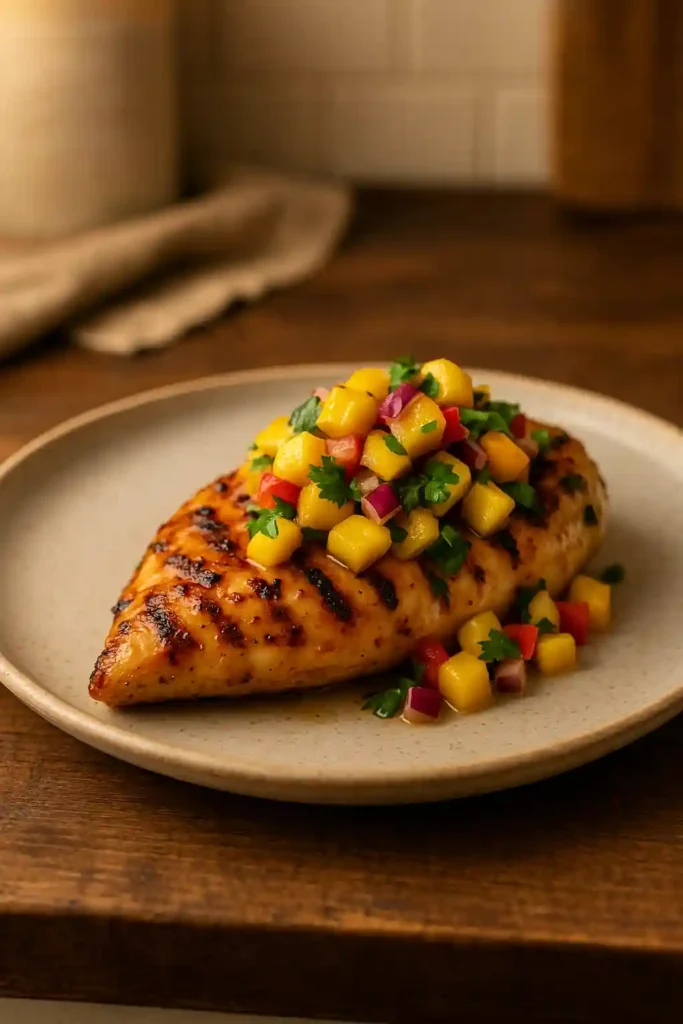 Honey Lime Chicken with Mango Salsa plated close up, golden glazed chicken topped with bright mango salsa