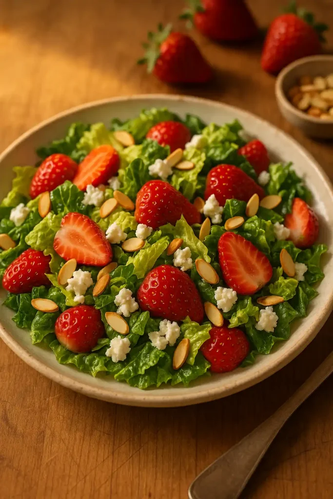 Fresh Strawberry Romaine Feta Salad with toasted almonds and honey balsamic dressing, bright and inviting