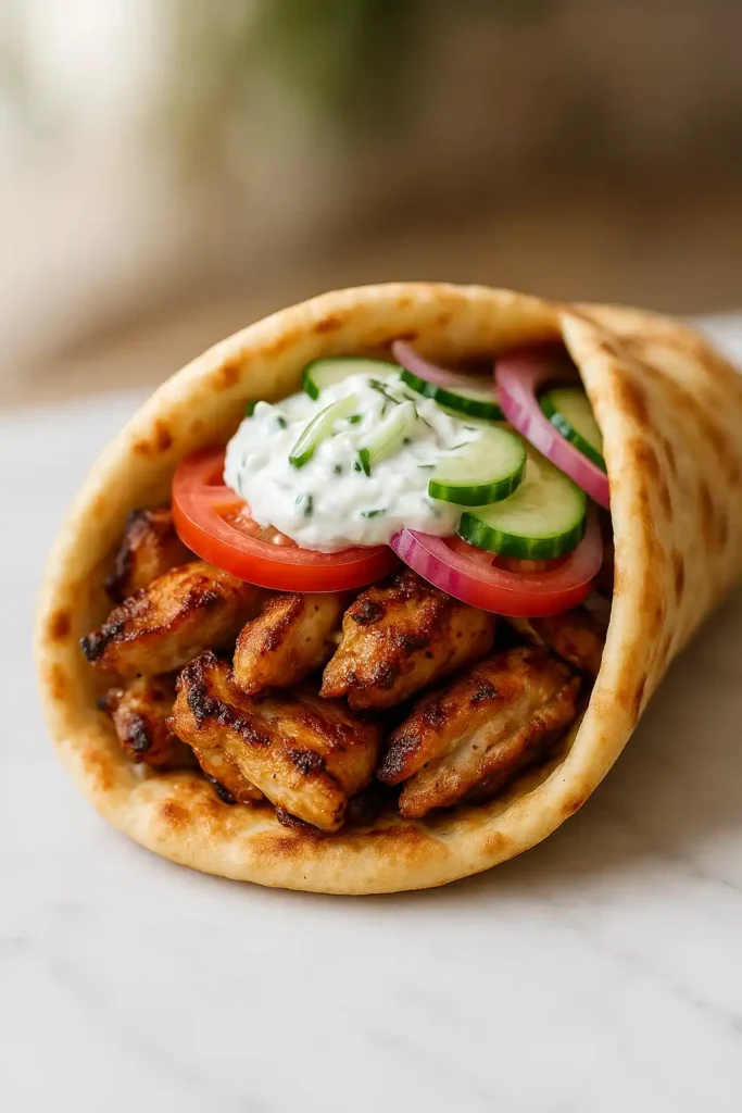 Greek Chicken Gyros with Tzatziki plated with warm pita and fresh herbs, bright Mediterranean flavors