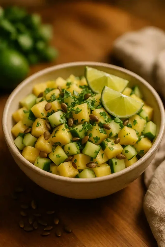 Bowl of Pineapple Cucumber Salad with lime dressing and cilantro