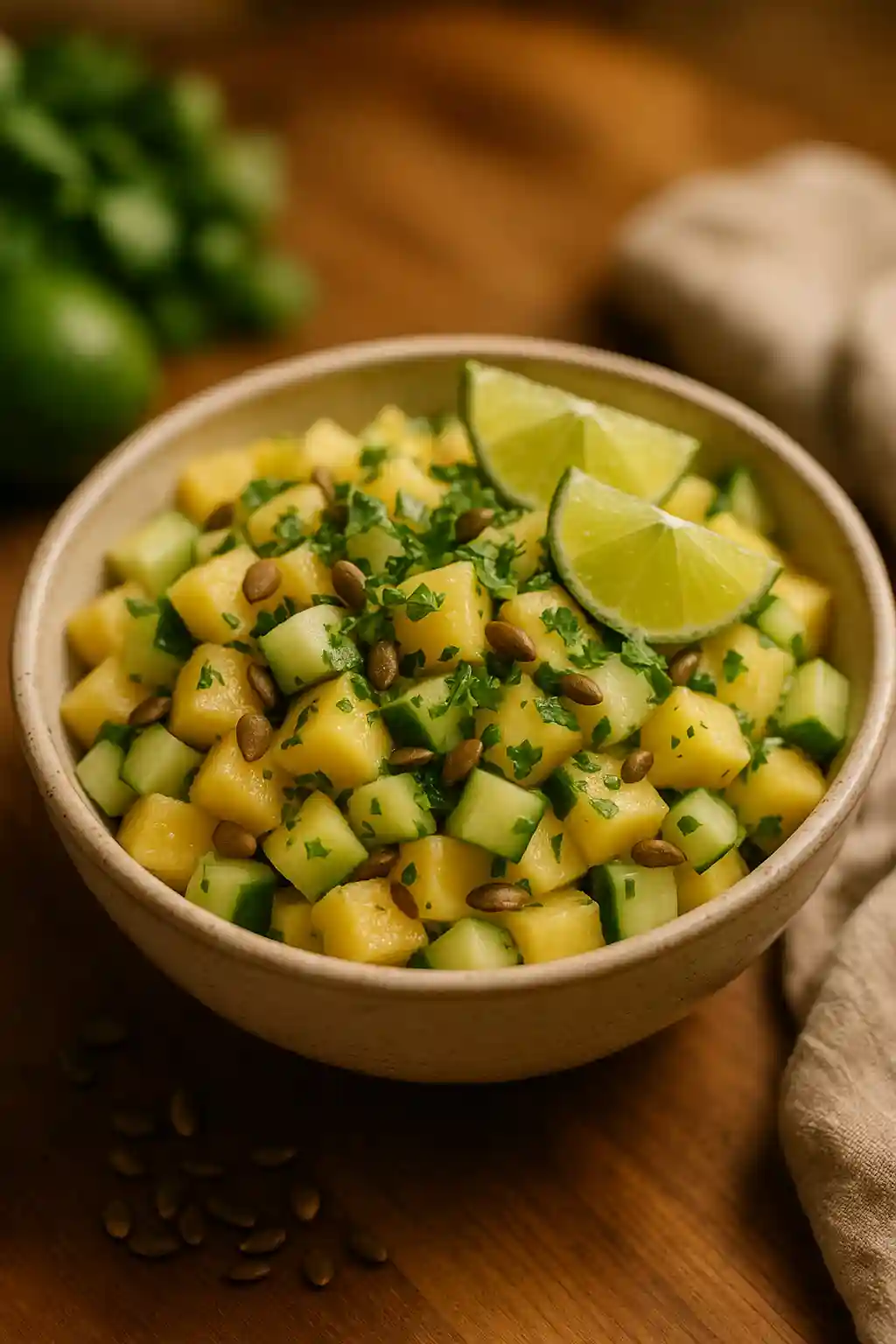 Pineapple Cucumber Salad: Bright, Simple Side 1 Bowl of Pineapple Cucumber Salad with lime dressing and cilantro