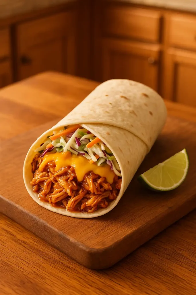 BBQ Chicken Coleslaw Wrap with smoky shredded chicken and crisp slaw, cozy family meal