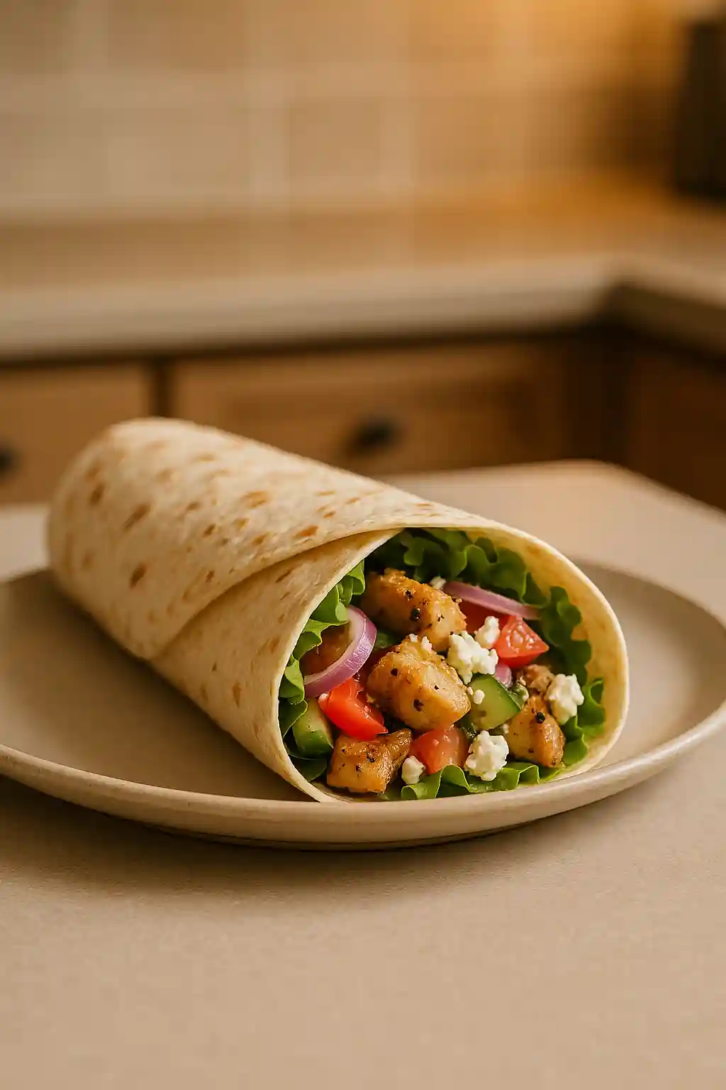 Easy Mediterranean Chicken Wrap Recipe for Everyday Meals 1 Close-up of a Mediterranean Chicken Wrap with lemon, olives, and feta on a plate, showing fresh textures and warm colors