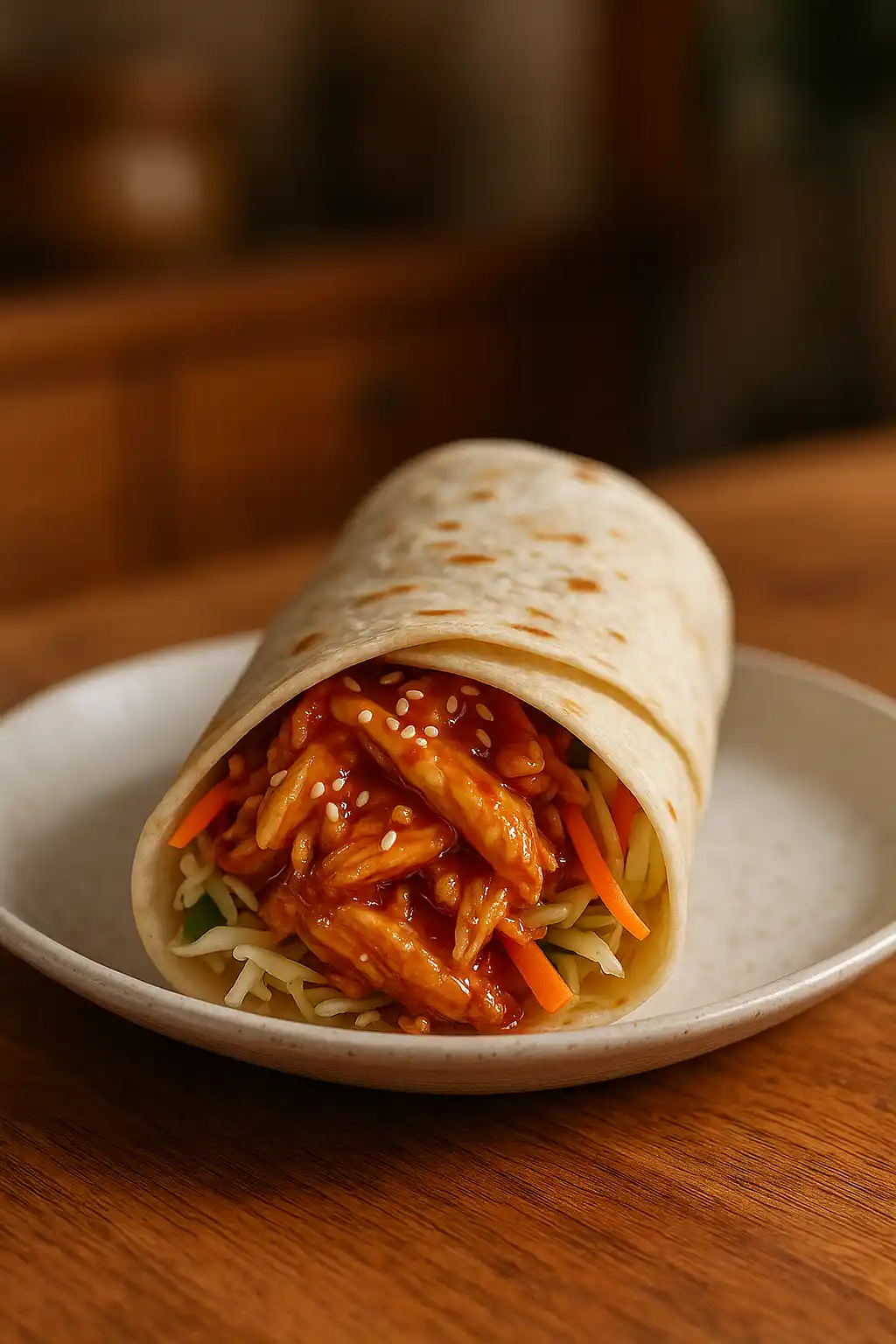 Sweet Chili Chicken Wrap, Cozy Weeknight Comfort 1 Sweet Chili Chicken Wrap on a plate, warm glossy chicken, crisp vegetables, cozy family meal