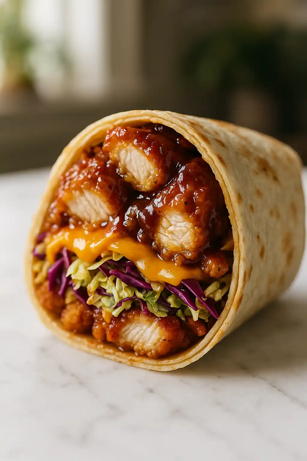 Spicy Honey BBQ Chicken Wrap with sticky glaze and crunchy slaw, vibrant and ready to eat
