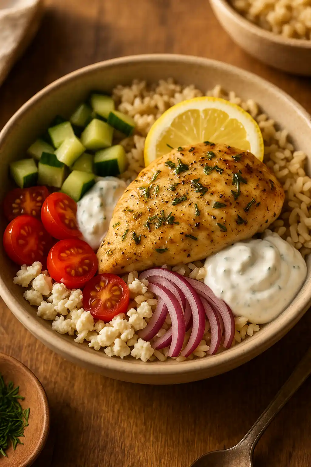 Mediterranean Lemon Dill Chicken Bowl with rice, cucumber, tomatoes, and yogurt sauce