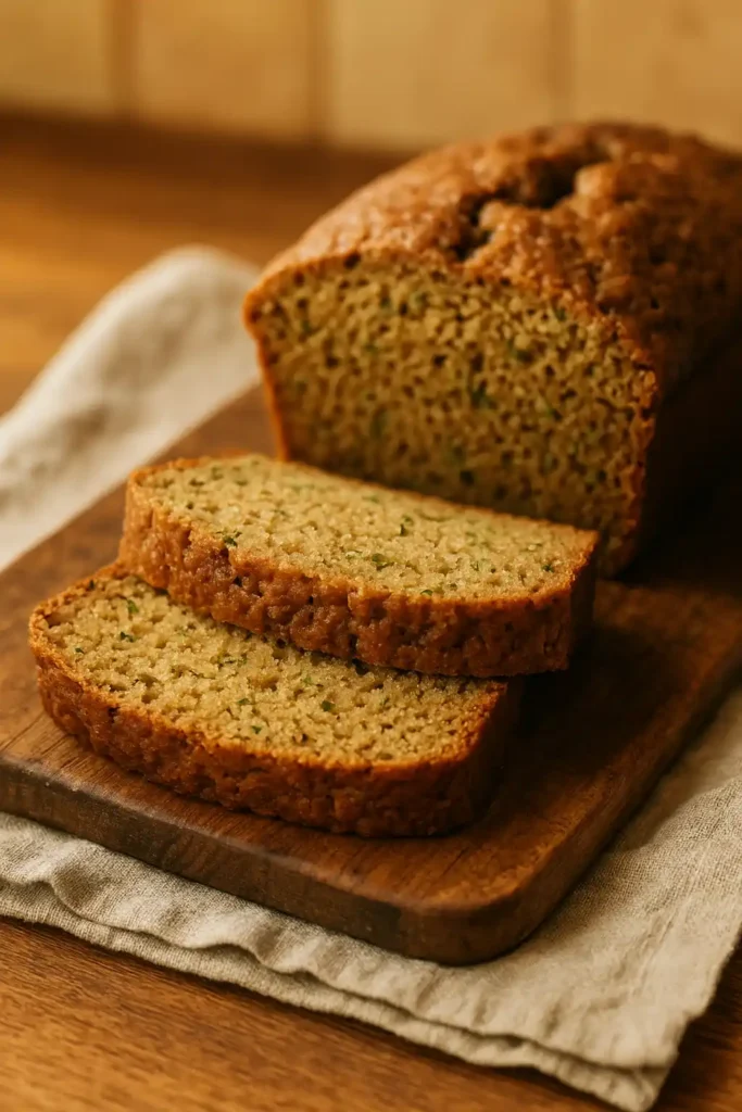 Slice of Healthy Zucchini Bread on a wooden board, warm and homey photo