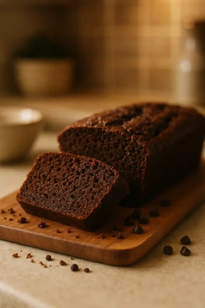 Moist Keto Chocolate Zucchini Bread sliced on a wooden board, showing chocolate crumb and zucchini flecks