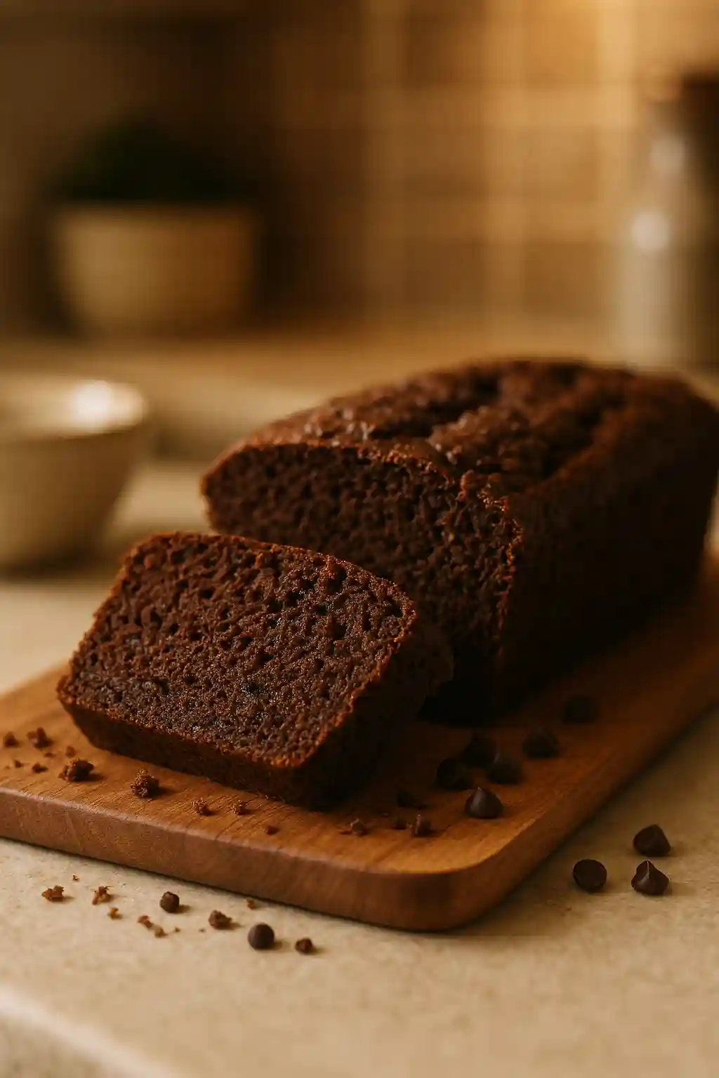 Keto Chocolate Zucchini Bread, Moist Low-Carb Loaf 1 Moist Keto Chocolate Zucchini Bread sliced on a wooden board, showing chocolate crumb and zucchini flecks