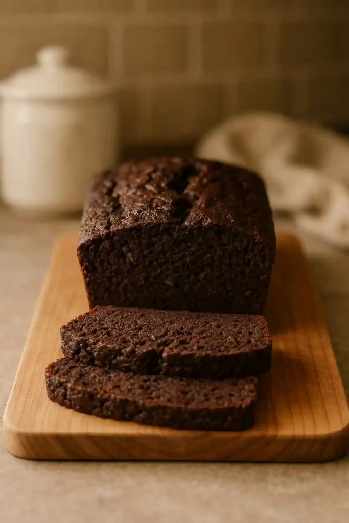 Moist sliced Keto Chocolate Zucchini Bread on a wooden board, chocolate crumbs visible and a cozy kitchen background