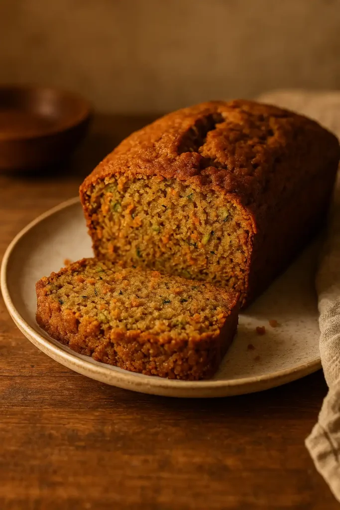 Spiced Zucchini Carrot Bread fresh sliced on a plate, warm and homey, showing moist crumb and warm spices