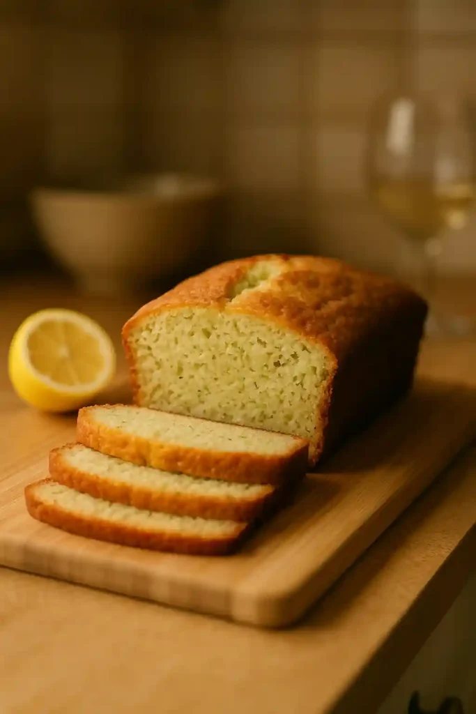 Slice of Lemon Zucchini Bread on a wooden board, showing moist crumb and lemon zest