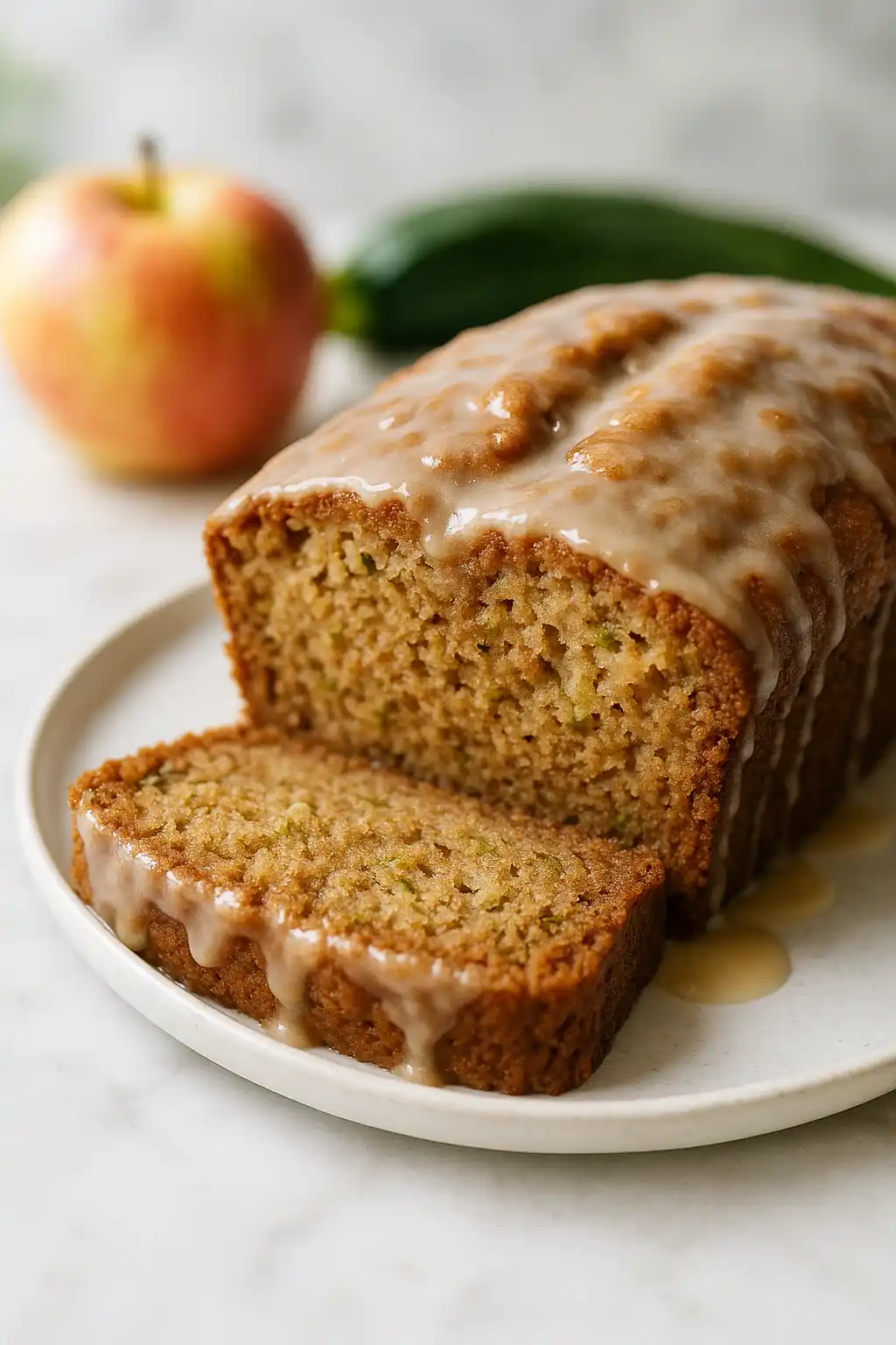 Loaf of Apple Cinnamon Zucchini Bread with golden crust and visible apple and zucchini shreds