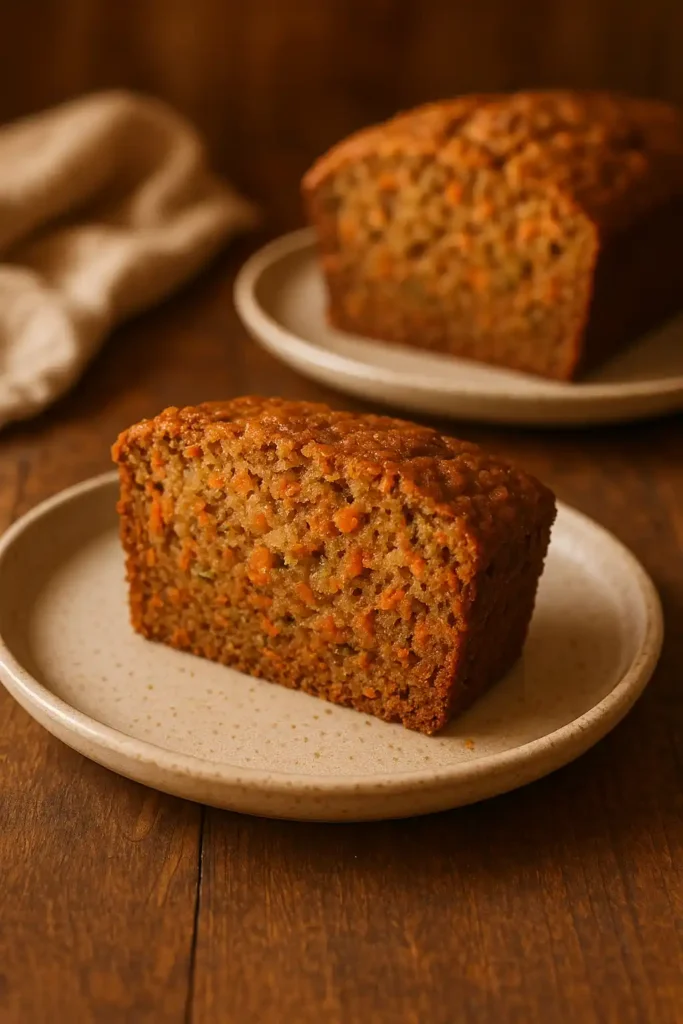 Moist slice of Carrot Apple Zucchini Bread on a plate, warm home-style kitchen lighting