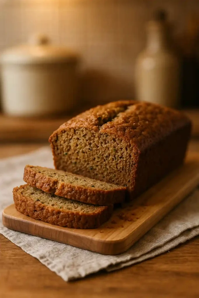 A sliced loaf of Easy Moist Zucchini Bread on a wooden board, warm and tender crumb