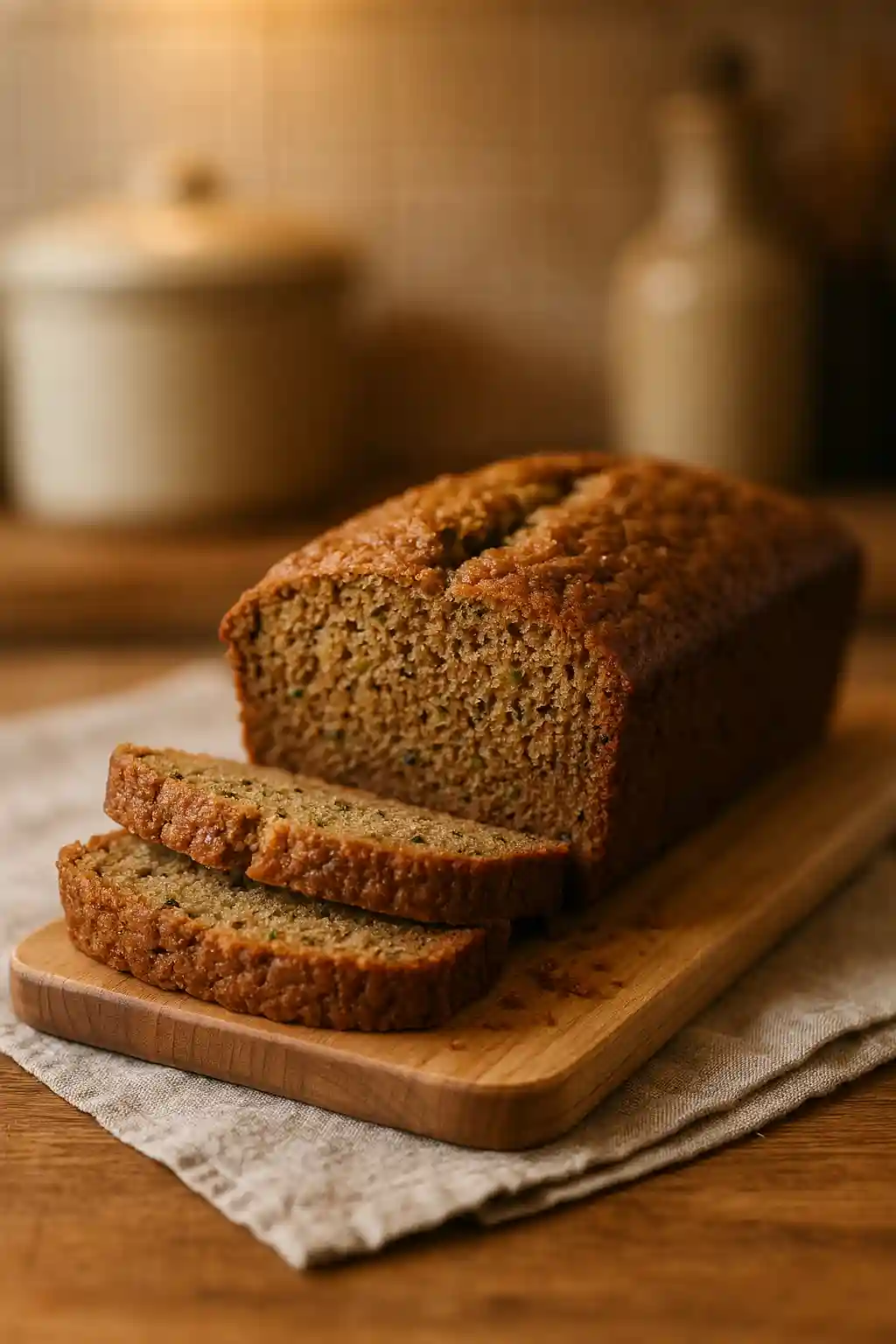 Easy Moist Zucchini Bread, Simple Reliable Recipe 1 A sliced loaf of Easy Moist Zucchini Bread on a wooden board, warm and tender crumb