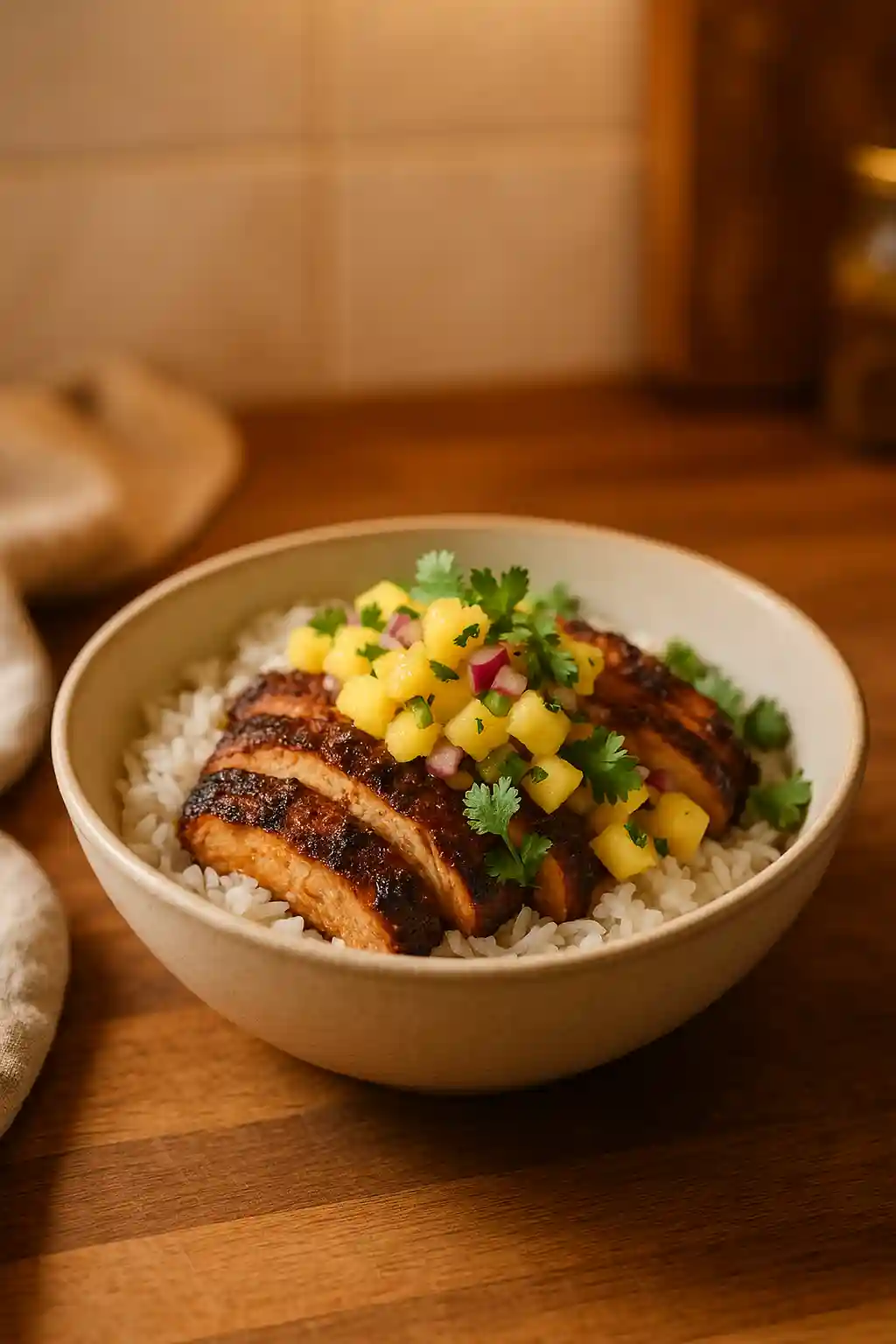 Jerk Chicken Bowl with Pineapple Salsa, charred spiced chicken over rice with bright pineapple salsa