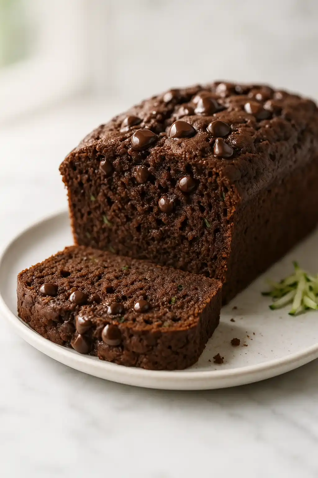 One Bowl Chocolate Zucchini Bread, moist chocolate loaf with chocolate chips and zucchini flecks