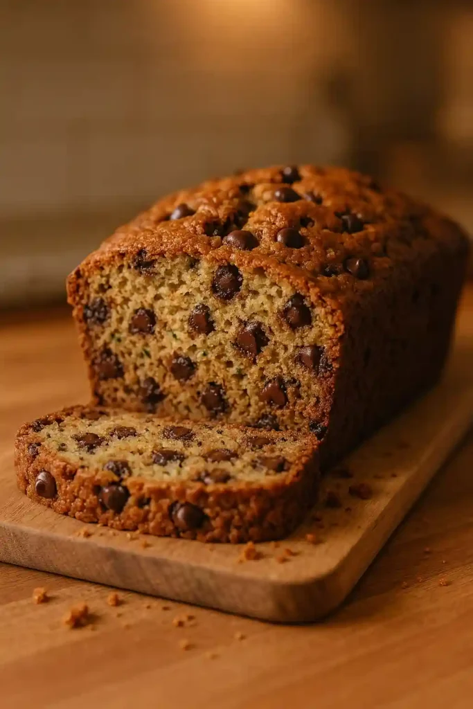 Sliced Chocolate Chip Zucchini Bread on a wooden board, warm home kitchen lighting