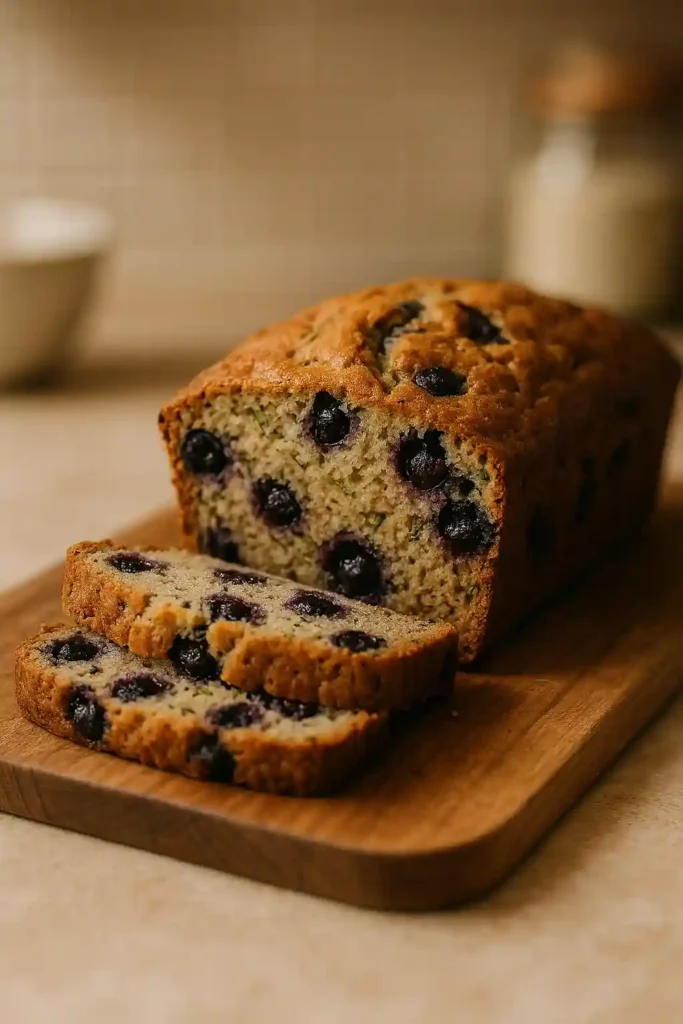 Close-up of a sliced Blueberry Zucchini Bread loaf, showing moist crumb and blueberries