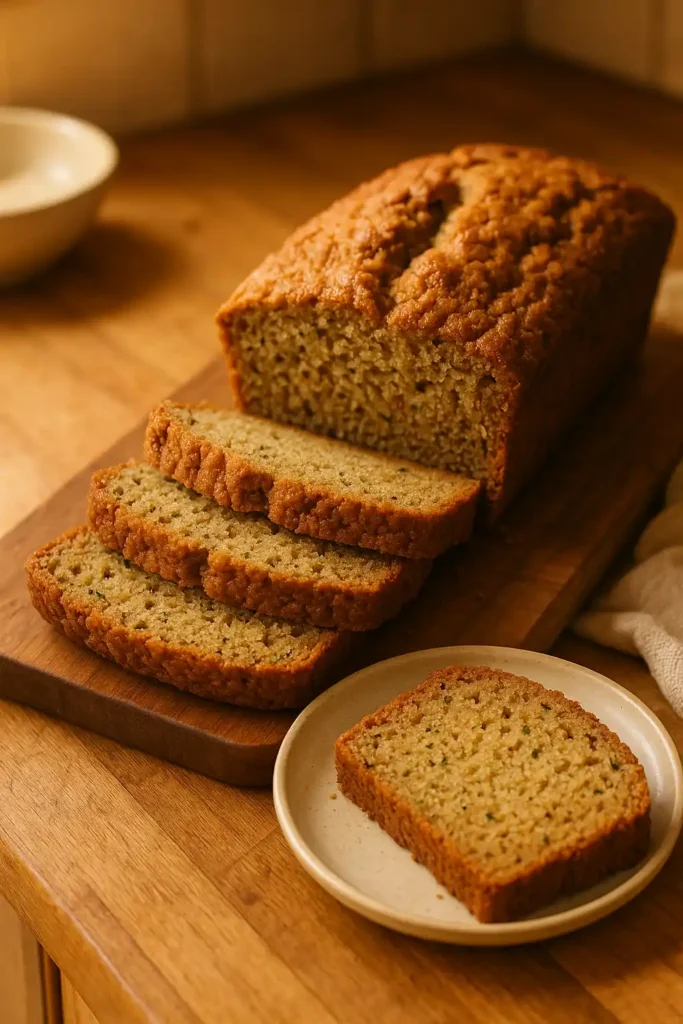 A close-up of moist Gluten-Free Zucchini Bread slices on a wooden board, warm kitchen lighting, cozy home-baked feel