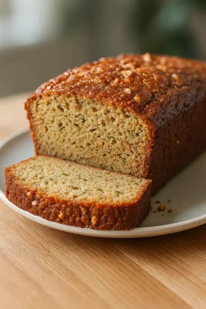 Moist Almond Flour Zucchini Bread with golden crust and green zucchini flecks, sliced on a wooden board