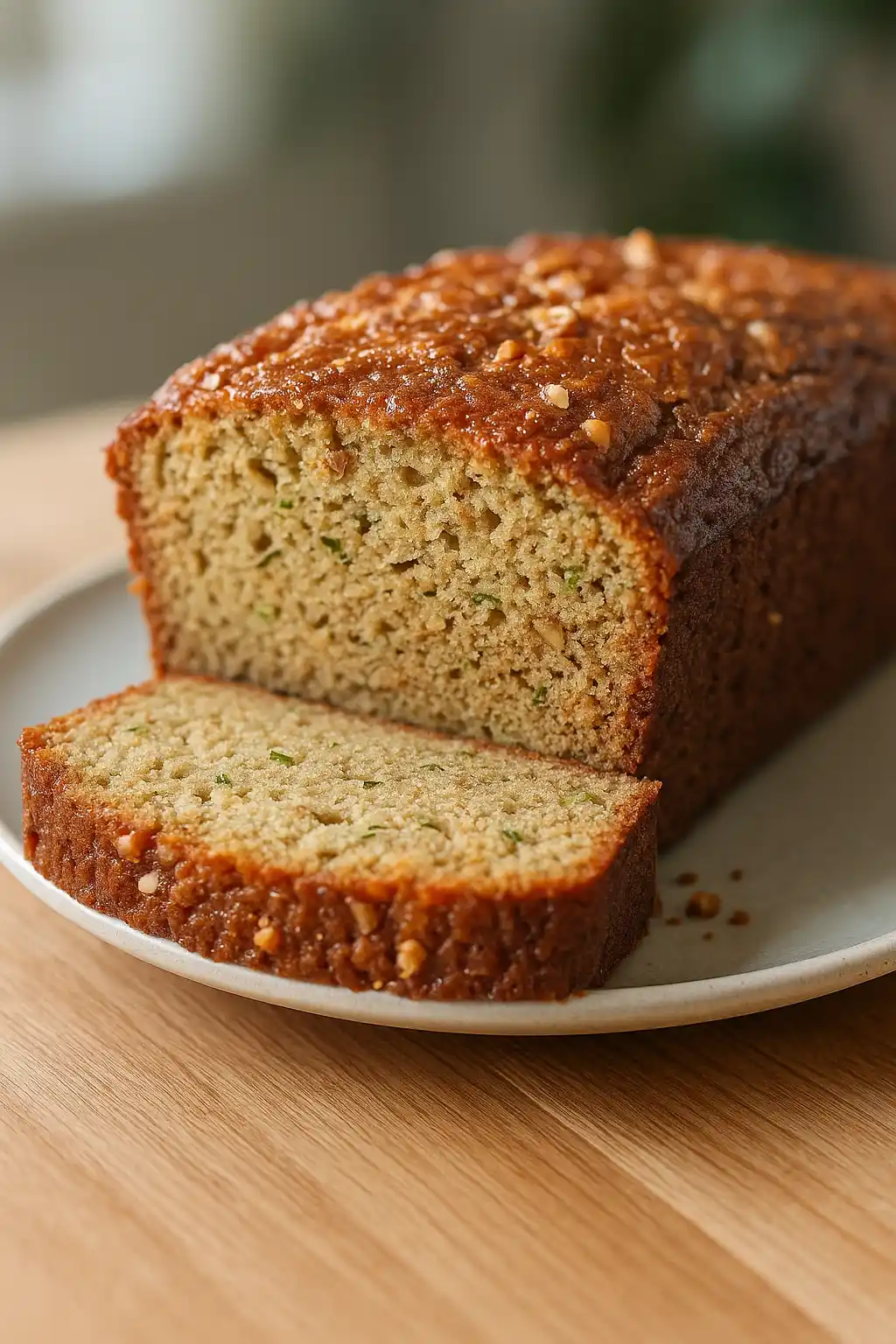 Moist Almond Flour Zucchini Bread with golden crust and green zucchini flecks, sliced on a wooden board