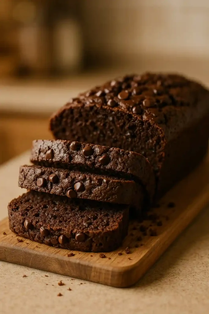Slice of moist Chocolate Zucchini Bread on a wooden board, comforting loaf with chocolate chips