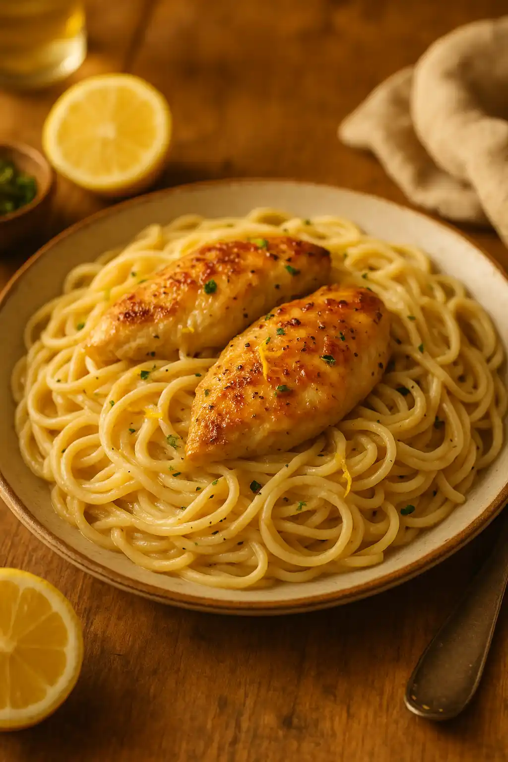 Creamy Lemon Chicken Pasta plated with lemon zest and parsley, a comforting weeknight meal