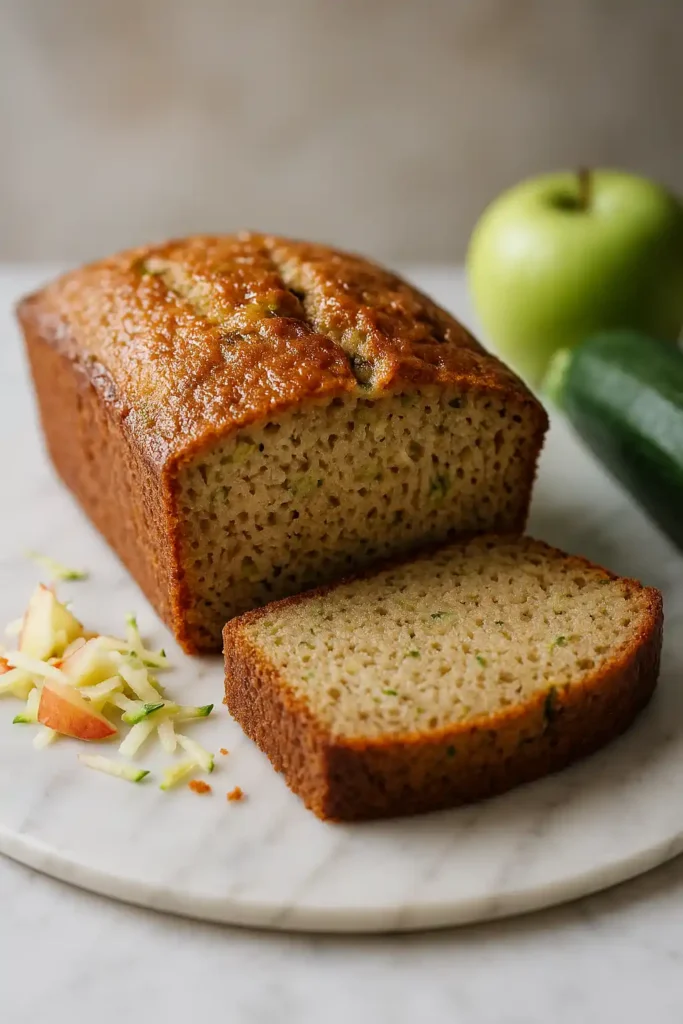 Moist Apple Zucchini Bread loaf with golden crust and speckled crumb, Apple Zucchini Bread photography