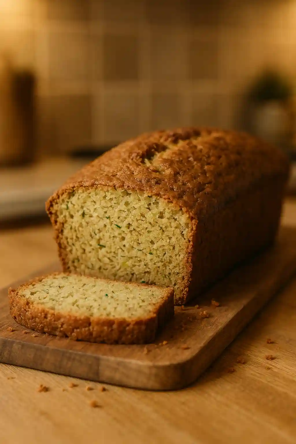 The BEST Zucchini Bread Recipe for Simple, Cozy Baking 1 The BEST Zucchini Bread Recipe warm sliced loaf on a wooden board, soft kitchen light