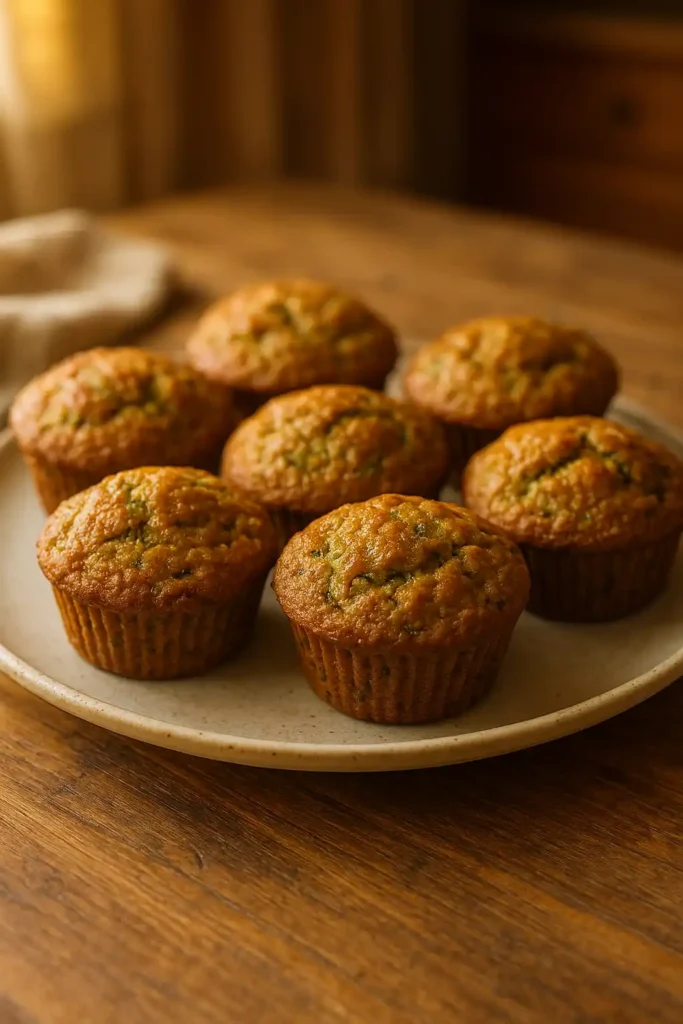 Plate of warm Homemade Zucchini Muffins, golden tops and moist crumb in cozy kitchen lighting
