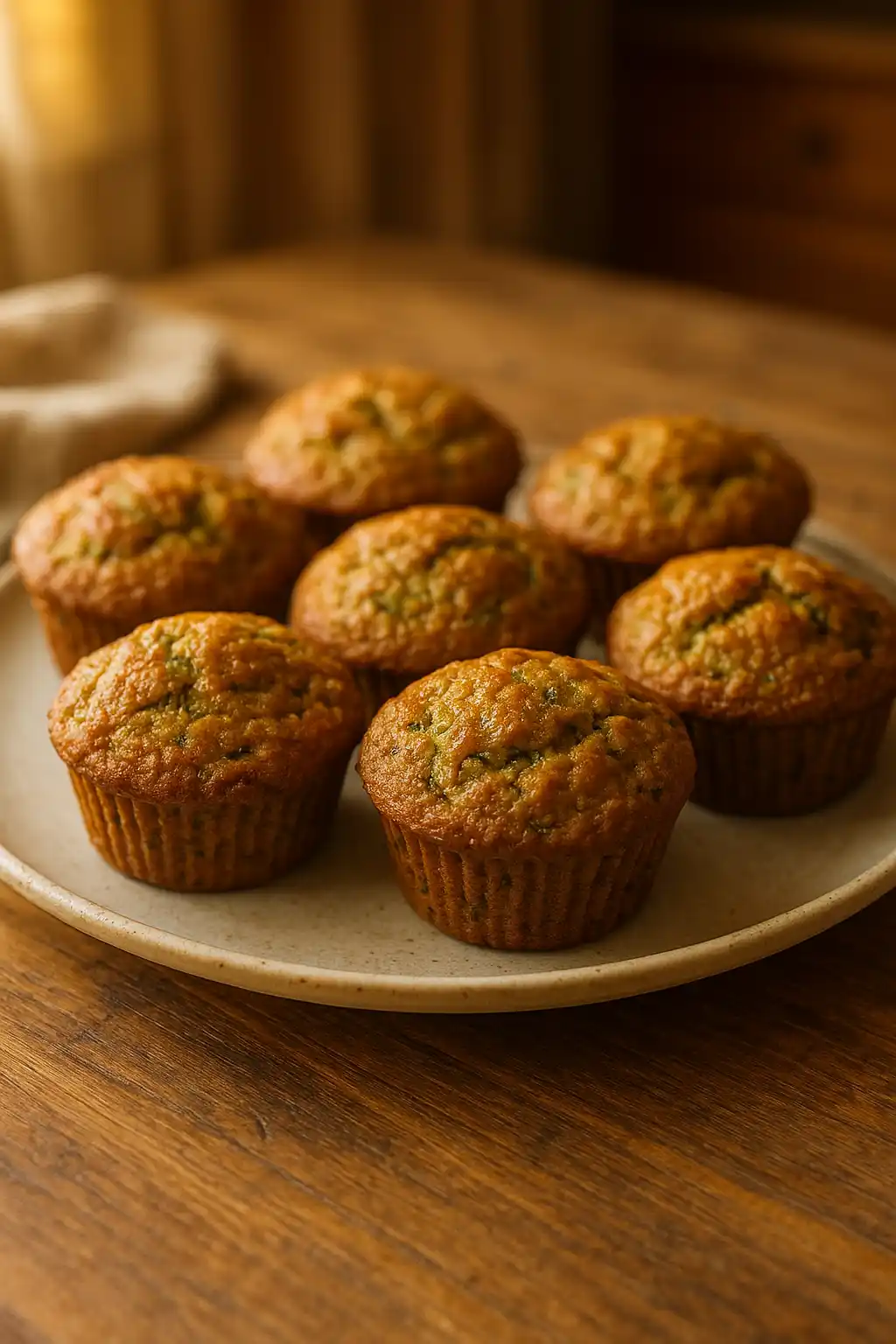 Homemade Zucchini Muffins That Everyone Will Love 1 Plate of warm Homemade Zucchini Muffins, golden tops and moist crumb in cozy kitchen lighting
