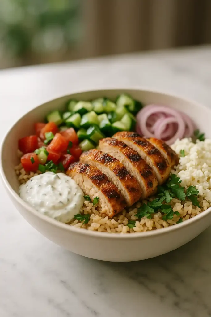 Greek Chicken Bowl with lemon herb chicken, creamy tzatziki, cucumbers, tomatoes, and feta, plated for a fresh vibrant meal
