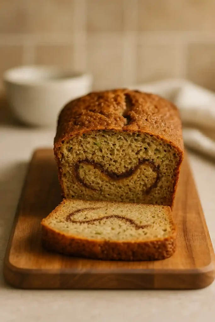 A sliced Cinnamon Swirl Zucchini Bread loaf on a wooden board, showing the cinnamon ribbon and moist crumb