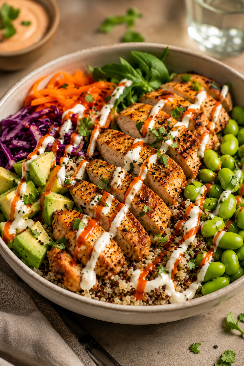 High Protein Dinner Bowl with crispy seasoned chicken, quinoa, edamame, avocado, and yogurt-sriracha drizzle