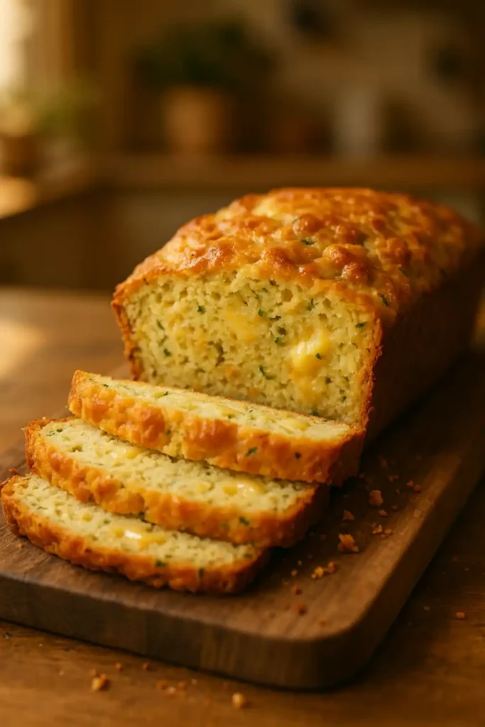 A warm slice of Savory and Cheesy Zucchini Bread on a wooden board, golden crust and melty cheese, cozy kitchen feel