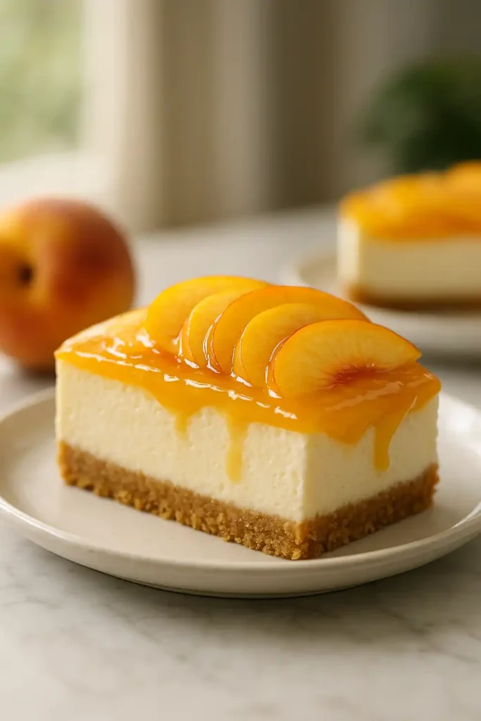 Peach Cheesecake Dessert with glossy peach topping on a graham crust, warm summer dessert