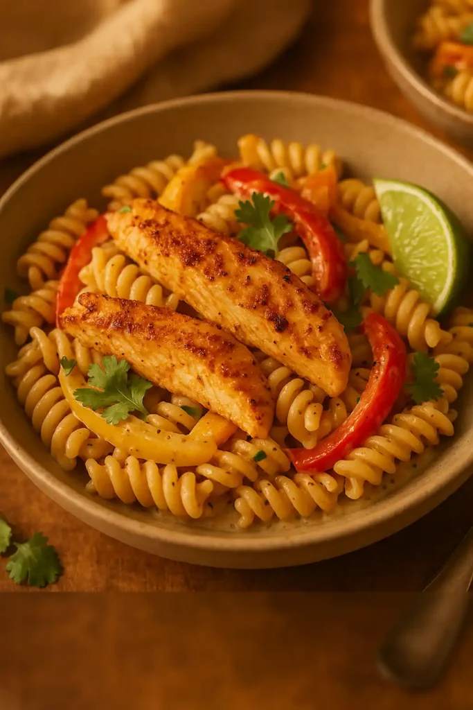 High Protein Chicken Fajita Pasta Salad Recipe plated with colorful peppers, chicken, and cilantro