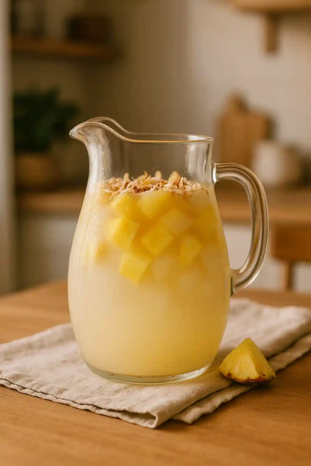 Piña Colada Sangria: Easy Tropical Party Pitcher 1 Close-up of a chilled Piña Colada Sangria in a clear pitcher with pineapple chunks and toasted coconut garnish