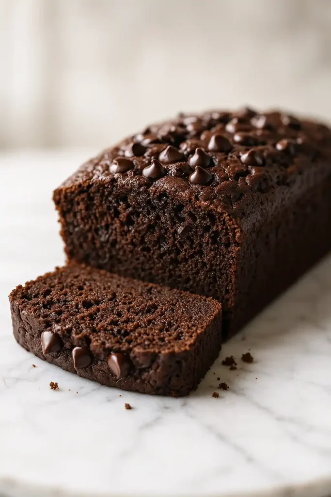 Moist Chocolate Zucchini Bread with melty chocolate chips and tender crumb, showing slices and rustic loaf, Vibrant and inviting photo featuring Moist Chocolate Zucchini Bread