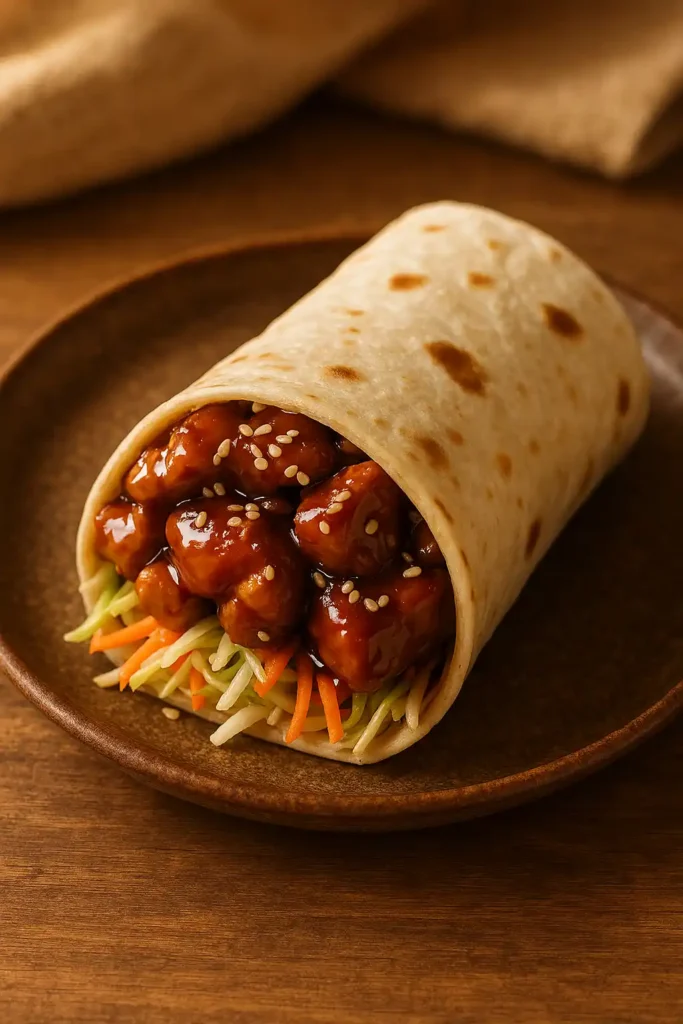 Easy Teriyaki Chicken Wrap on a rustic plate, warm kitchen lighting and glossy teriyaki glaze