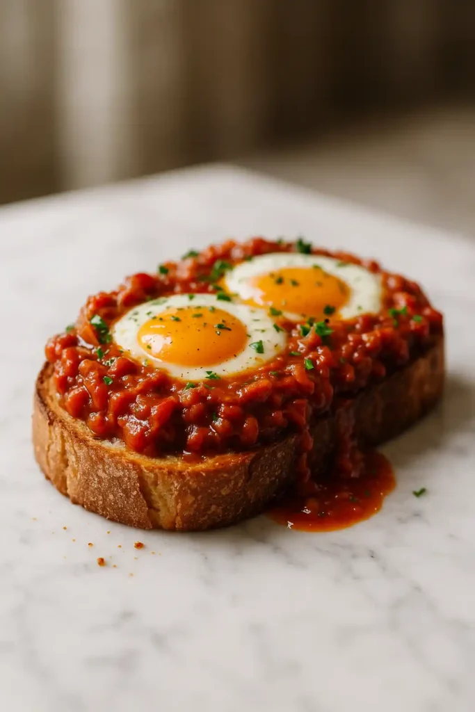 Shakshouka Toast with runny eggs and spiced tomato sauce on toasted bread