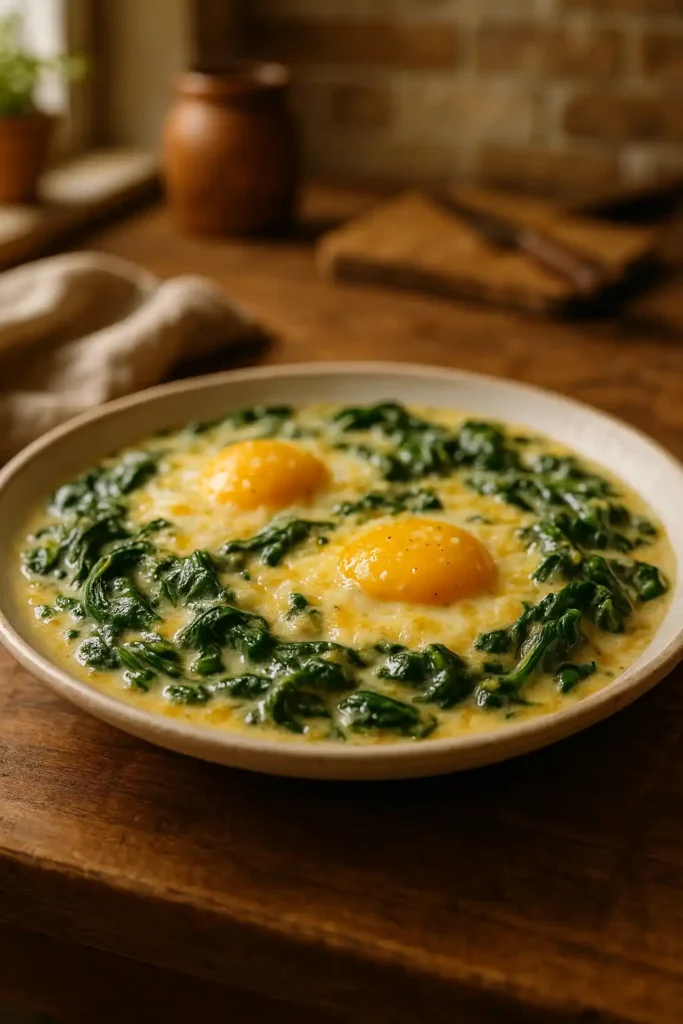 Creamy Spinach and Eggs on a warm plate, soft light, cozy home kitchen feeling
