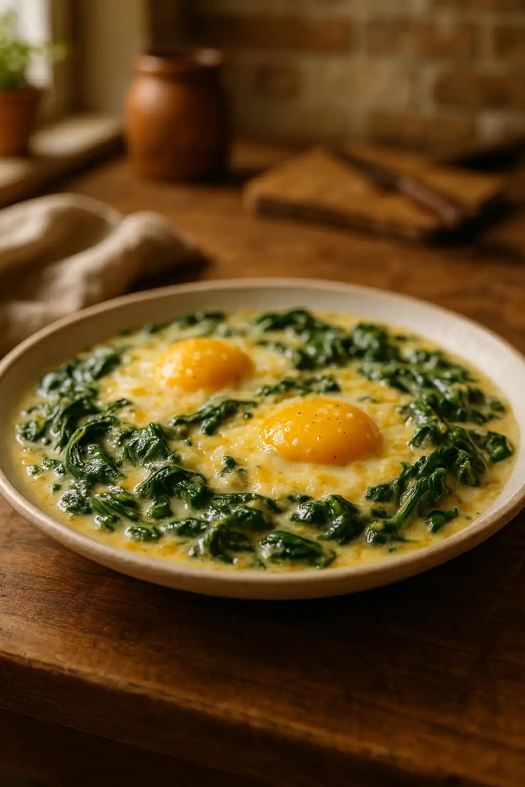 Creamy Spinach and Eggs: Cozy Weeknight Brunch 1 Creamy Spinach and Eggs on a warm plate, soft light, cozy home kitchen feeling