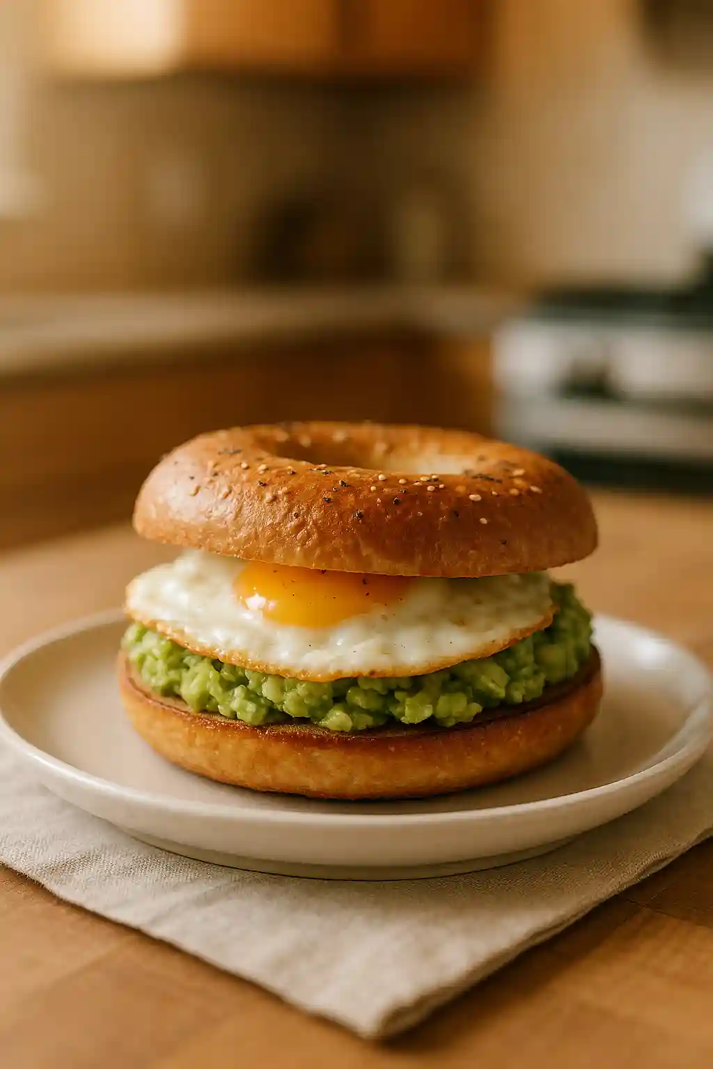 Warm Weekend Breakfast Bagel Sandwich with Avocado, Egg on a simple plate, close-up showing creamy avocado and runny yolk
